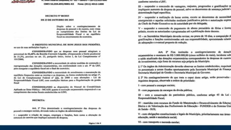 PREFEITURA DE BOM JESUS DOS PERDÕES DECRETA CONTINGENCIAMENTO DE R$ 5 MILHÕES PARA CONTER GASTOS COM PESSOAL